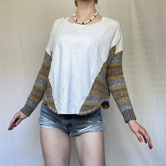 Free People Women's White Green Brown Mixed Media Lightweight Boho Jumper XS - Picture 1 of 11